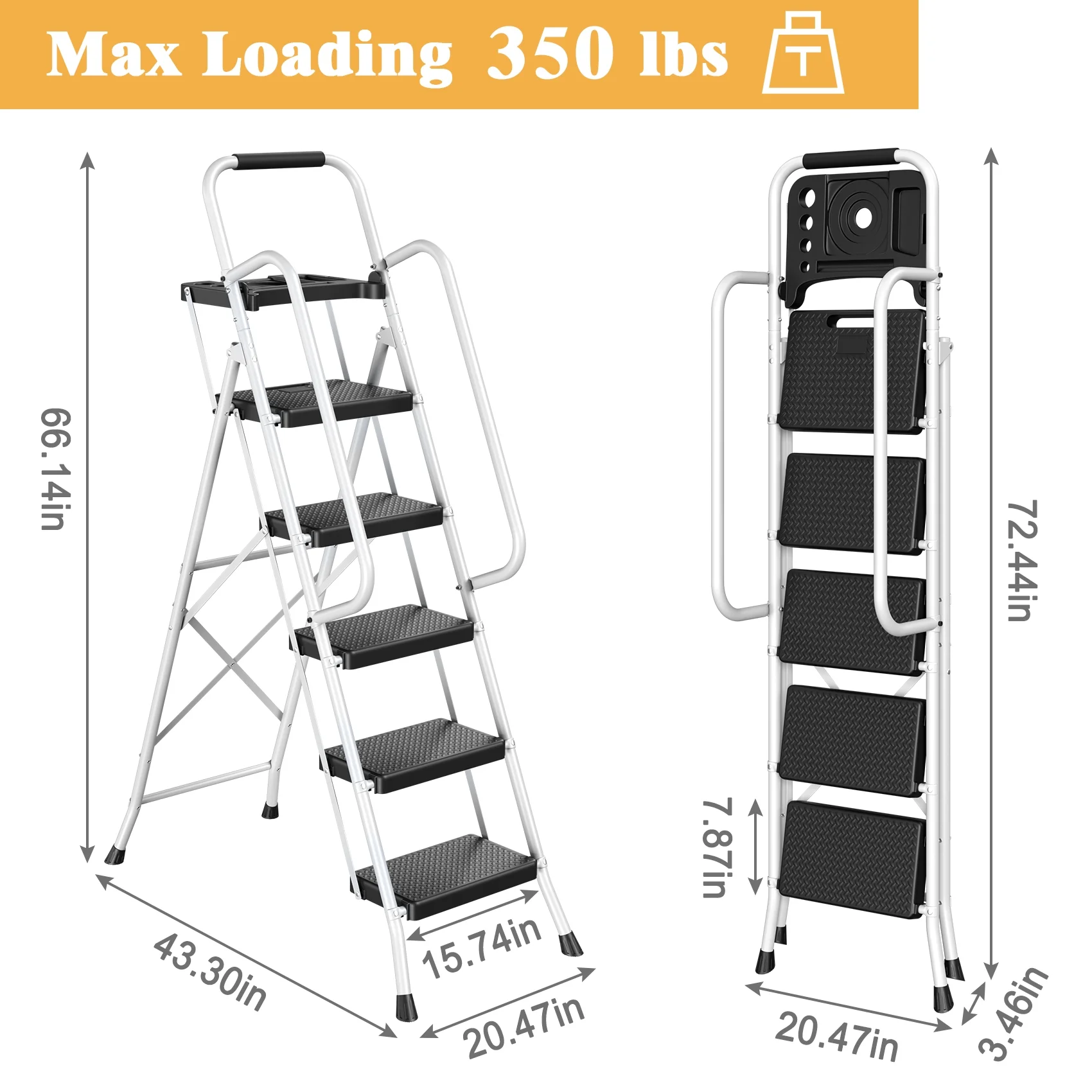 JOZ 5-Step Ladder, 350lbs Portable Folding Ladders for Home, with Handrails and Tool Tray and Anti-Slip Pedal, Black