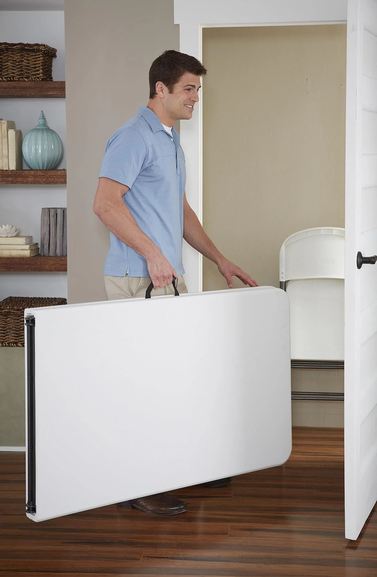 COSCO Deluxe 8 foot x 30 inch Fold-in-Half Blow Molded Folding Table, White