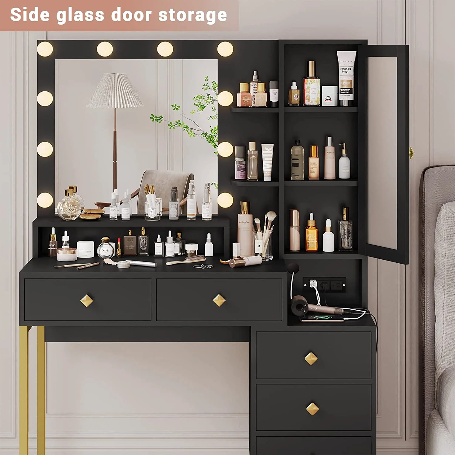 Afuhokles Large Makeup Vanity with Lights, Vanity Table with Charging Station Vanity Desk with Mirror and 10 LED Light Bulbs, 5 Drawers, White