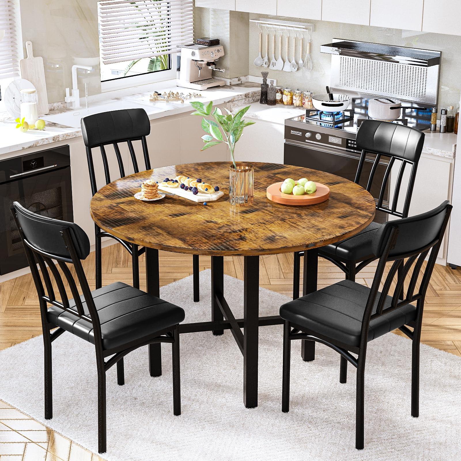 Furlinkhm Round Dining Table Set for 4, Wood Round Kitchen Table and Chairs Set for 4, Modern Dining Room Table Set with 4 Faux Leather Chairs, Round Dinner Table for Small Space, Walnut