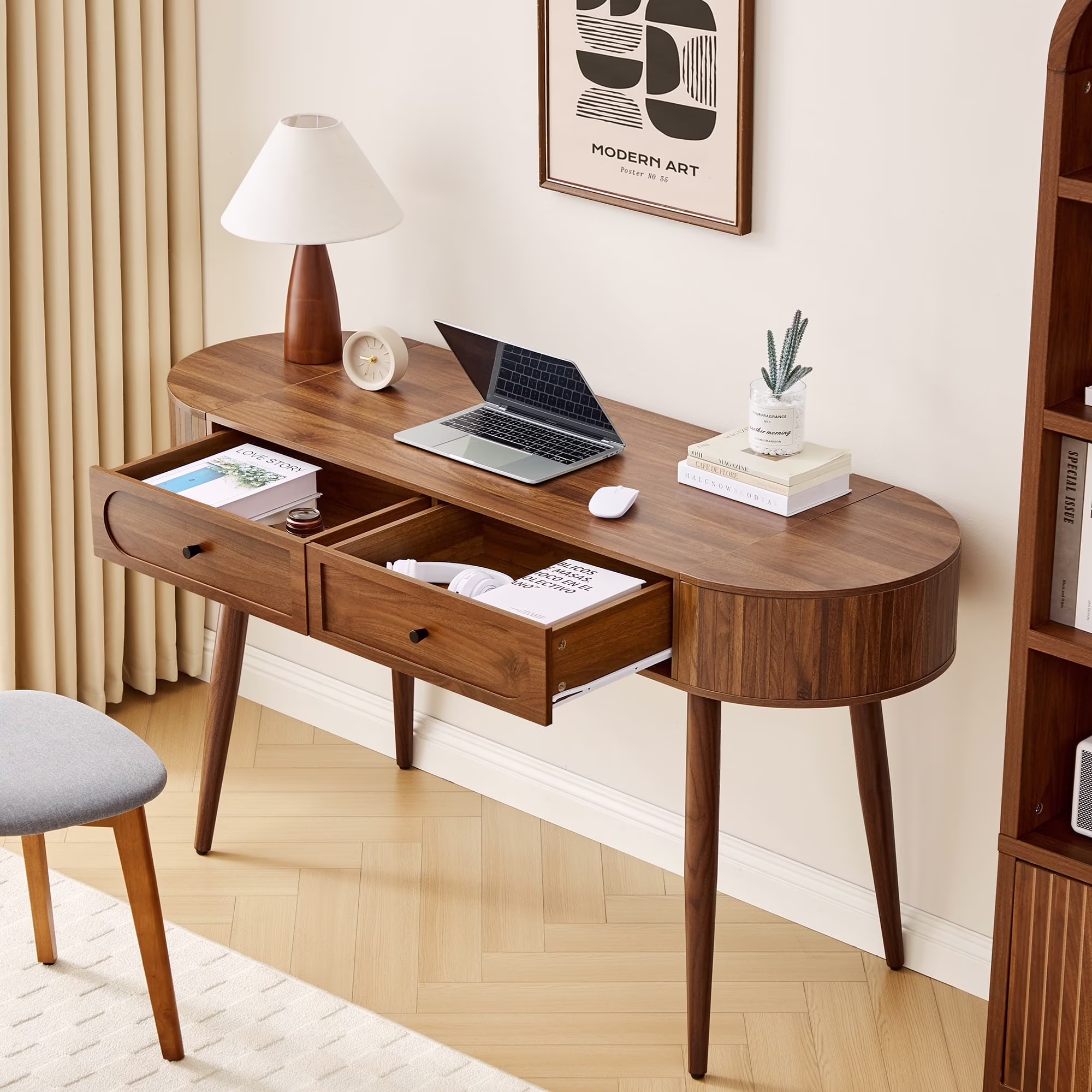 YOCWO Modern Home Office Desk with  2 Drawers and 2 Fflip-top Storage, Oval Computer PC Desk Table, Vanity Desk with Fluted Curved Table Edge, Walnut
