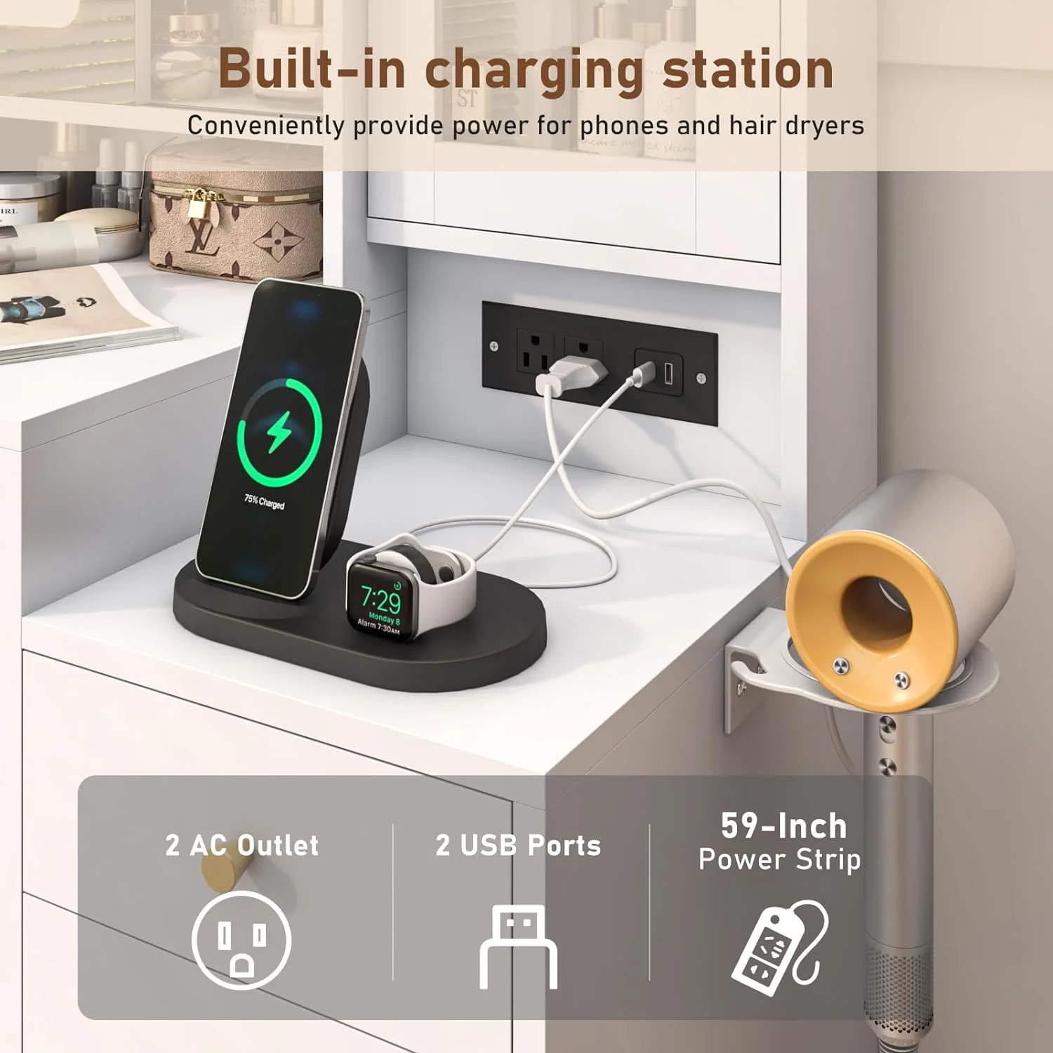 White Vanity Desk with Sliding Mirror & Lights, Vanity Table Makeup Desk with Charging Station 2 Drawers 2 Doors, Lots of Storage Shelves, Large Vanity Set with Cushioned Stool