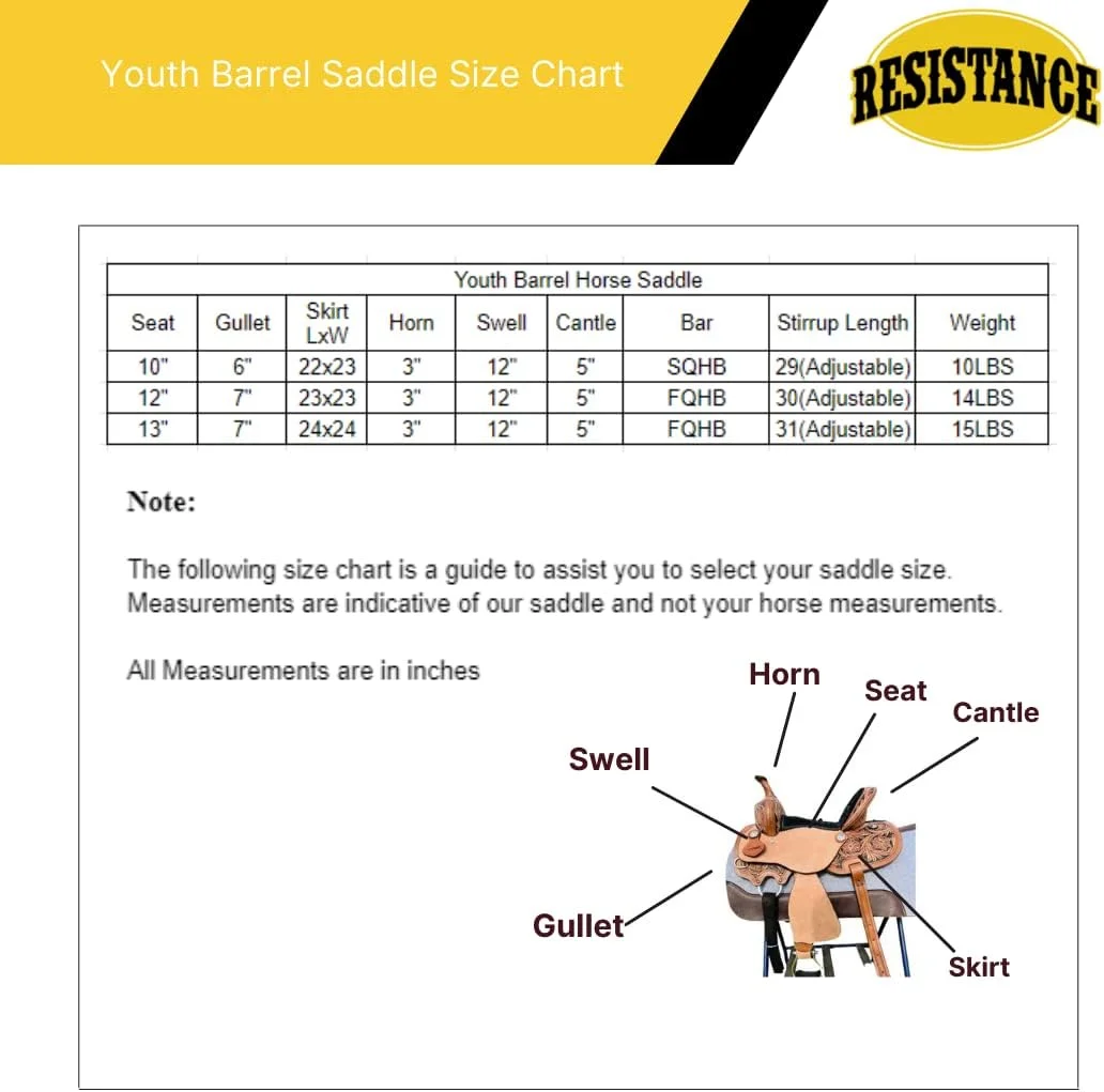 Resistance Adult Western Horse Barrel Saddle For Horse Riding | Floral Tooled With Silver Conchos | Genuine Leather 14