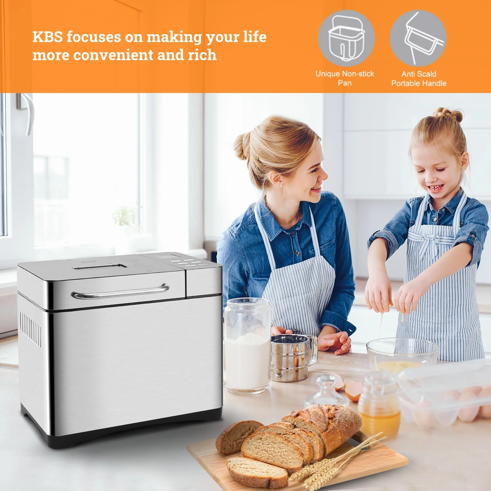 KBS 17-in-1 2LB Bread Maker Machine Fully Automatic LCD Display，Stainless Steel Model# 013