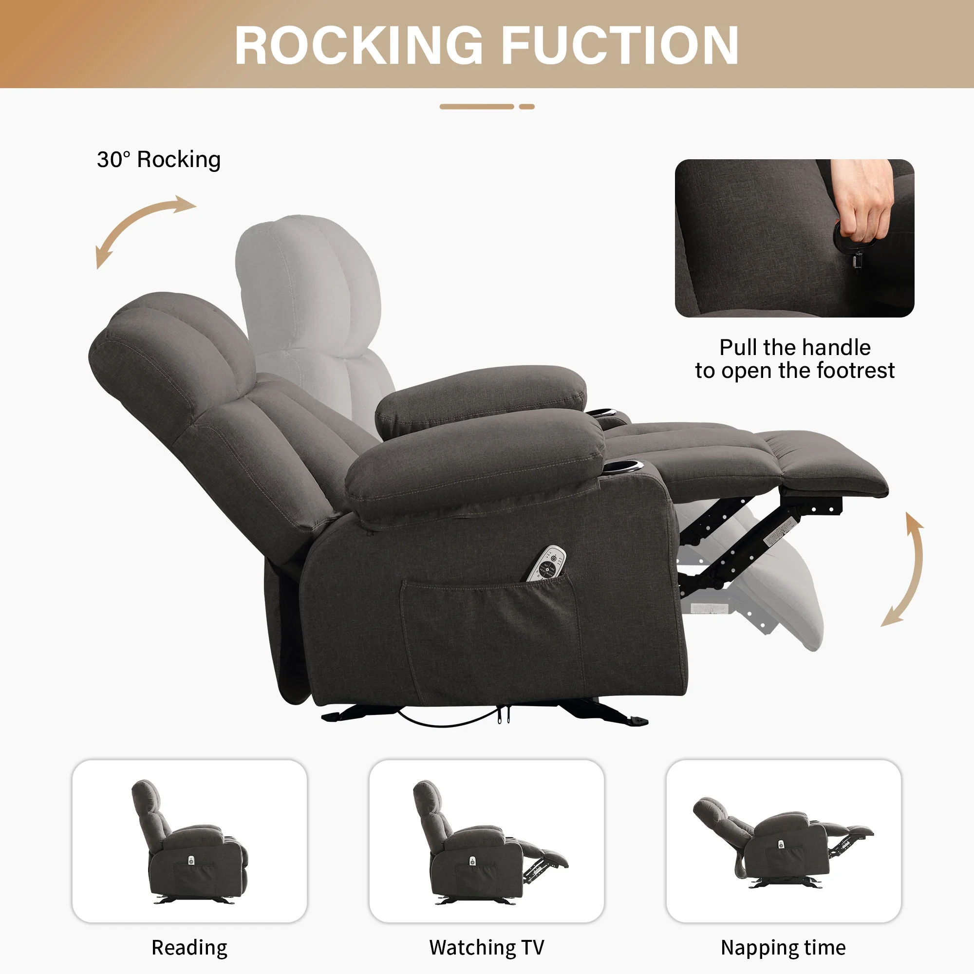 JONPONY Manual Recliner Chair with Heat Therapy and Massage Function, Heavy Duty Reclining Mechanism Massage Chair, Elderly Single Rocker Sofa with Cup Holders for Bedroom Home Theater,Grey