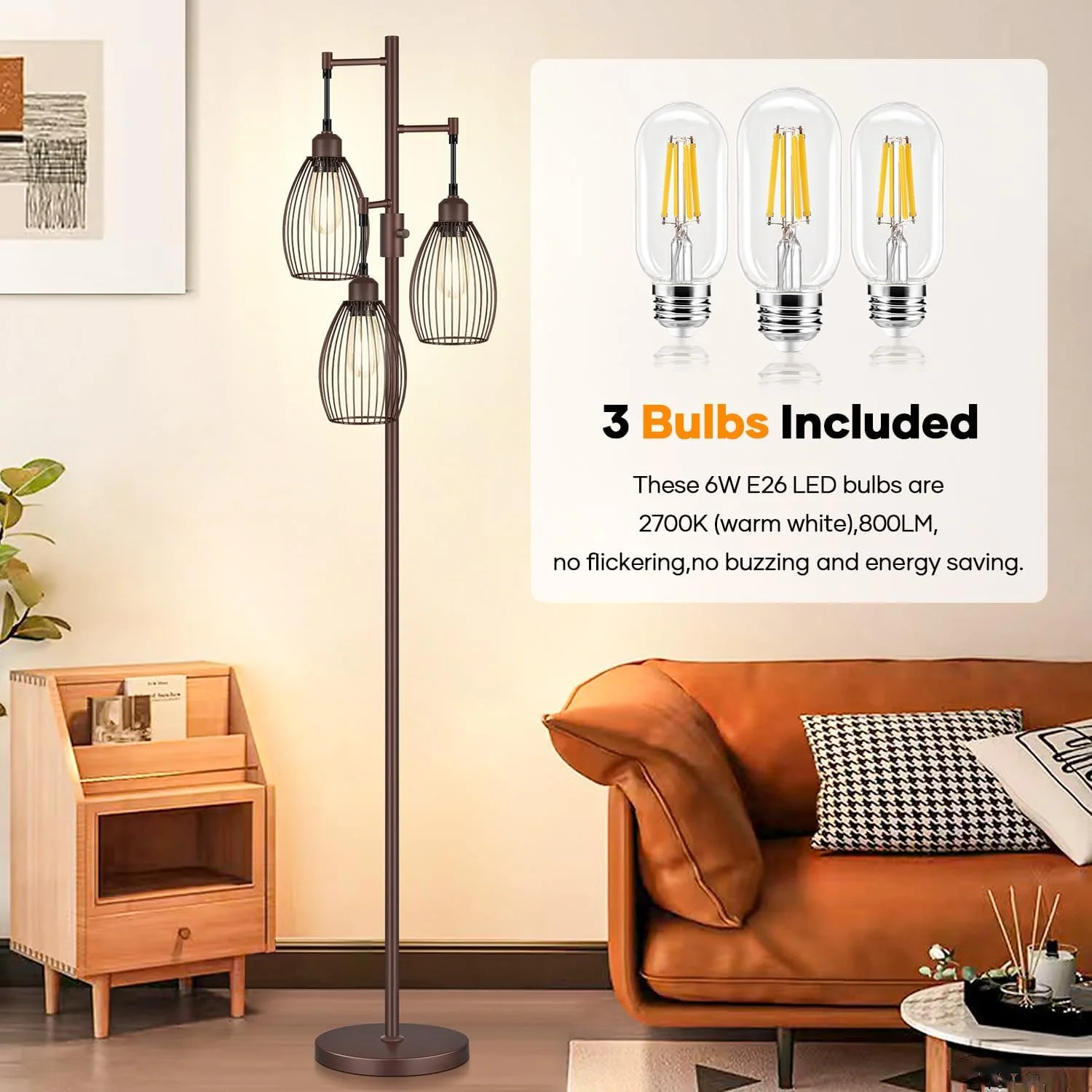 Dimmable Floor Lamp, 3 x 800LM LED Edison Bulbs Included, Farmhouse Industrial Floor Lamp Standing Tree Lamp with Elegant Teardrop Cage Tall Lamps for Living Room Bedroom Office Dining Room