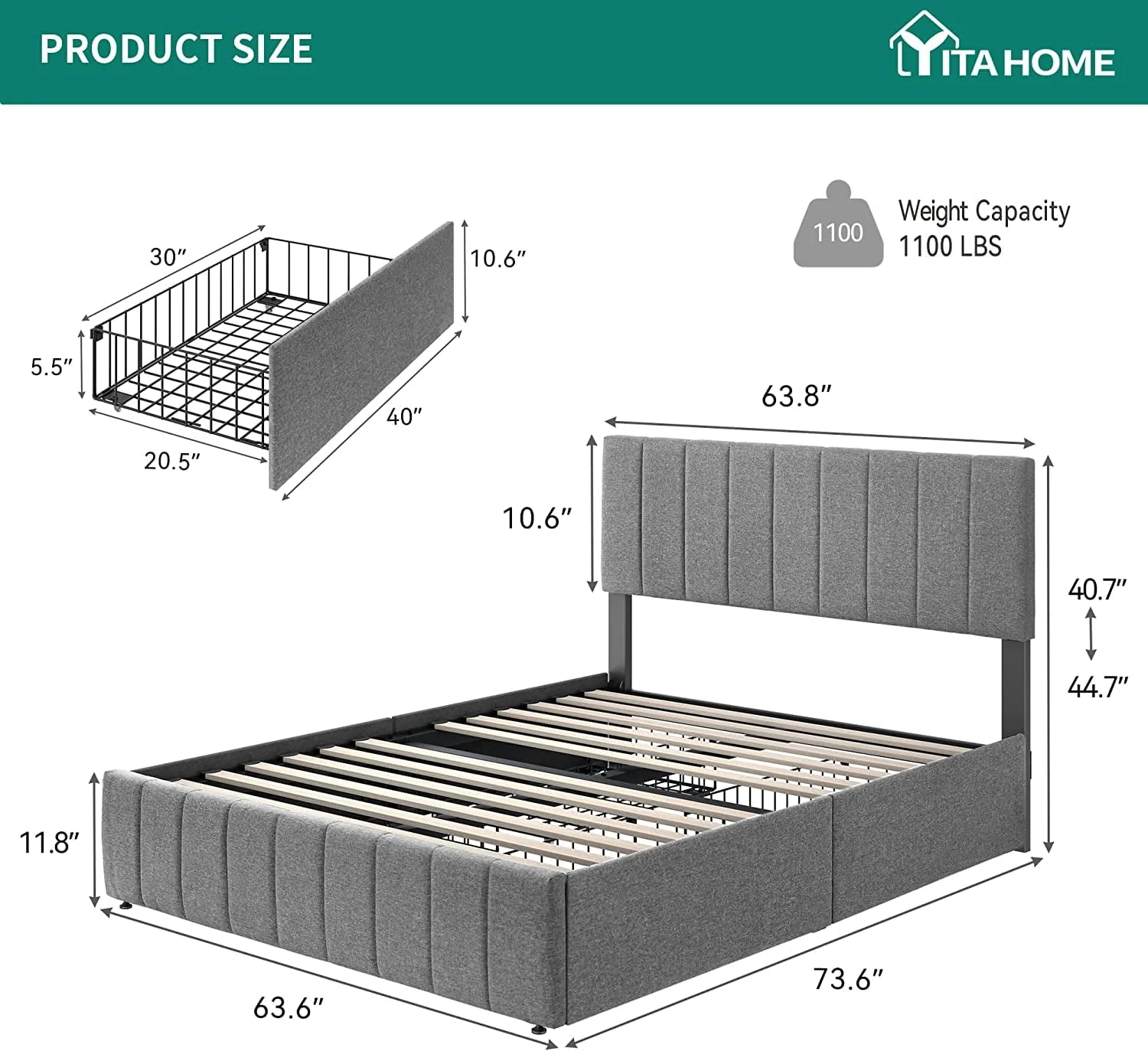 Dextrus Upholstered Platform Bed Frame with 4 Storage Drawers and Adjustable Headboard, Mattress Foundation with Sturdy Wood Slat Support, No Box Spring Needed, Grey(Queen)