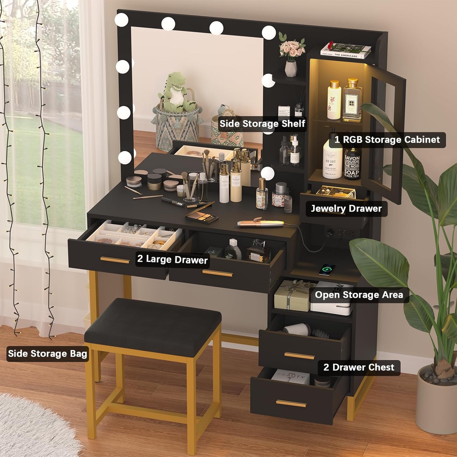 Makeup Vanity Desk with Mirror and Lights, White Vanity Desk with Charging Station, LED Cabinet, 5 Drawers & Storage Bag, Vanity Mirror with Lights Desk and Chair, Vanity Table Set with Stool