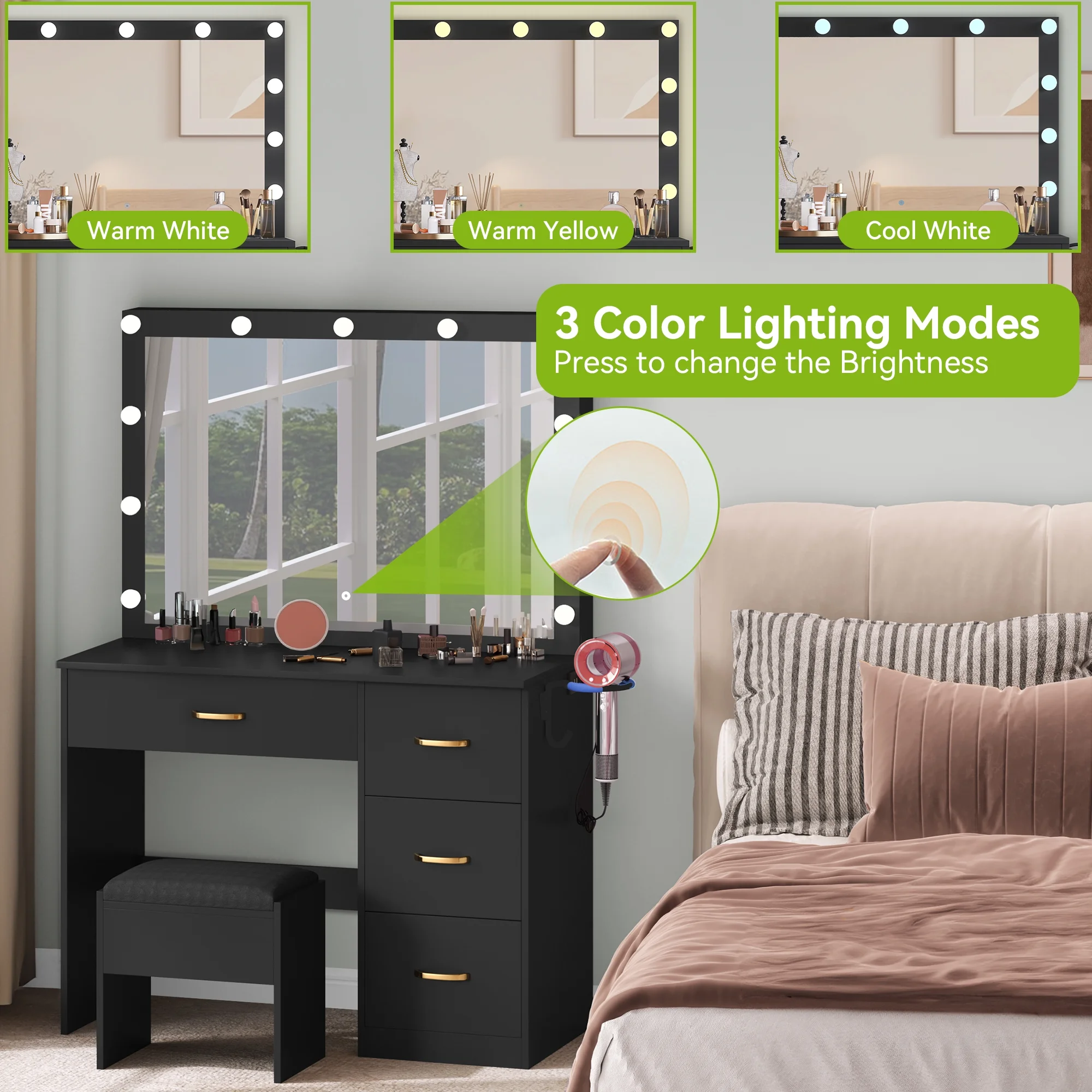 Dextrus Makeup Vanity Desk with Large Lighted Mirror and Storage - Enhance Your Beauty, Routine 4 Drawer Vanity Table with Cushioned Stool, Milky-White