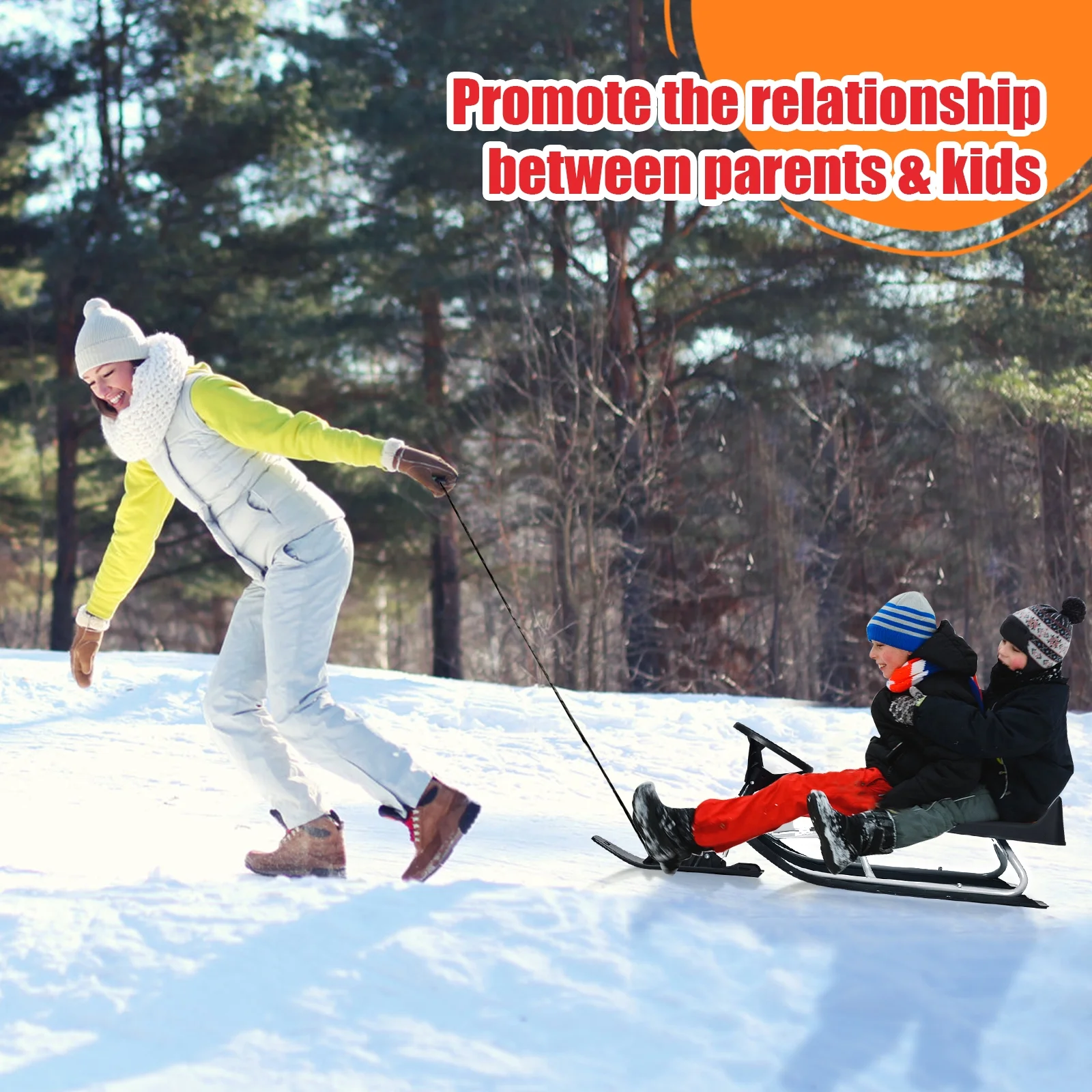 Costway Kids Snow Racer Sled w/ Steering Wheel & Double Brakes Pull Rope Snow Slider