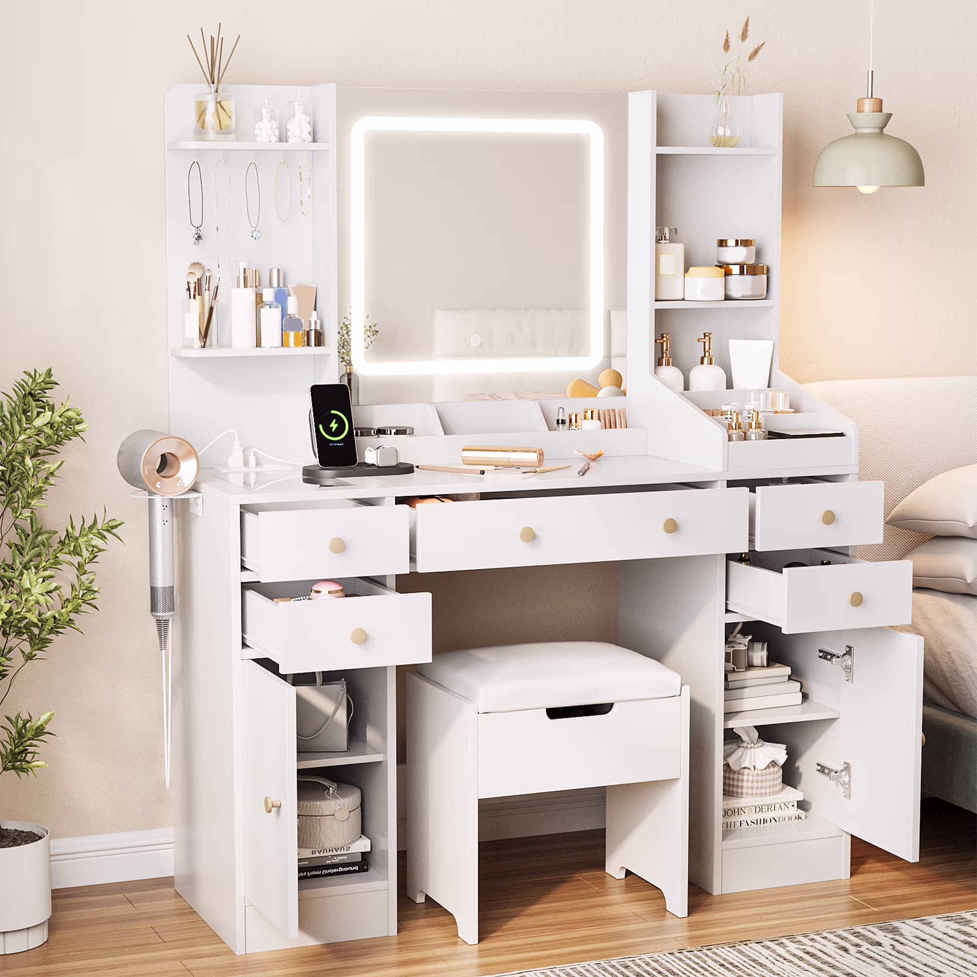 Vanity Set with Mirror and Lights, Makeup Table with Charging Station,5 Drawers & Storage Shelves, White